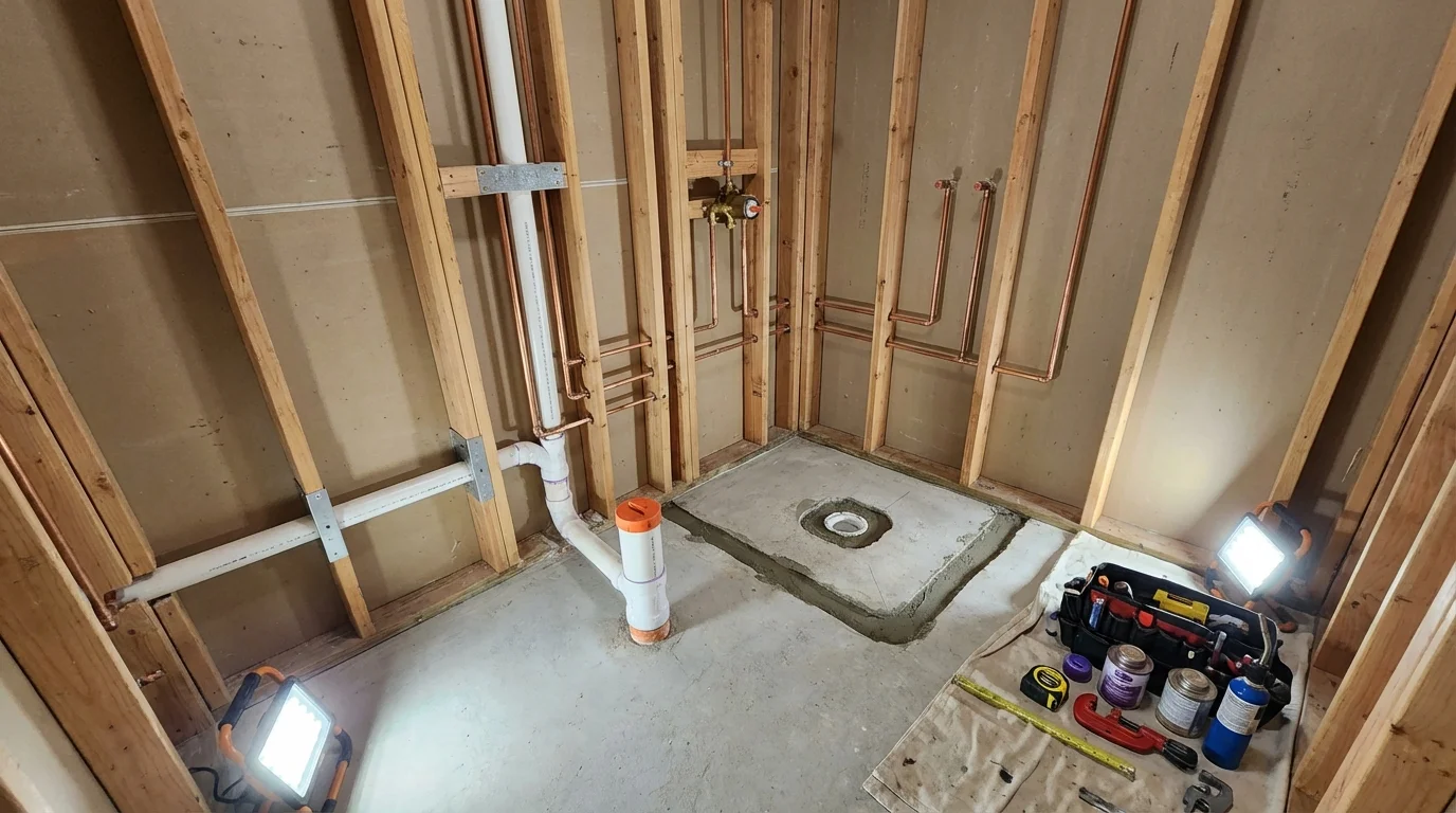 Bathroom rough-in plumbing during remodel by Johns Plumbing LLC in Rancho Santa Fe