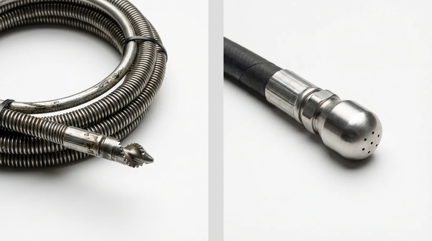 Drain snake cable and hydro jetting nozzle used for drain cleaning in Rancho Santa Fe, CA