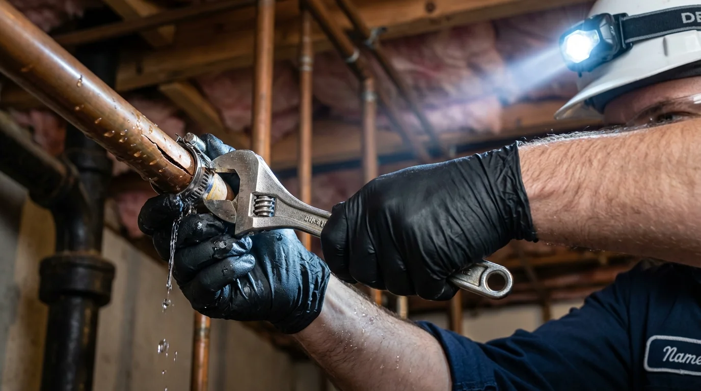 Emergency pipe clamp repair being performed by a Johns Plumbing LLC plumber in Rancho Santa Fe