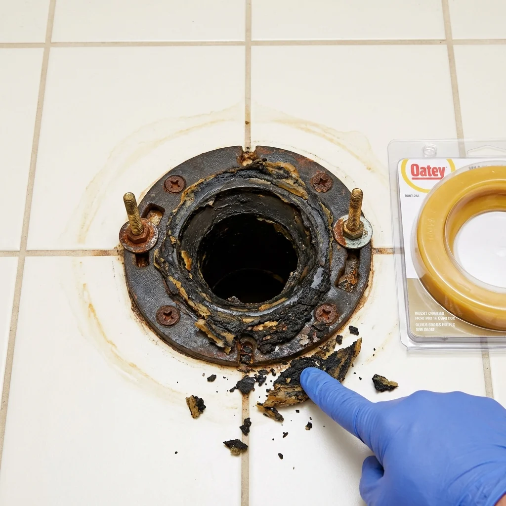 Failed wax ring showing water seepage at the base of a toilet in a Rancho Santa Fe, CA home